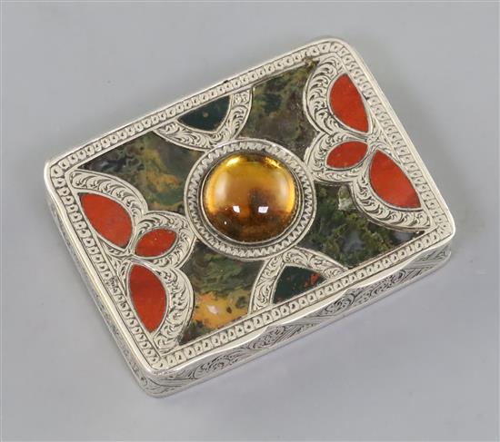 A mid 19th century Scottish silver, hardstone and foil backed cabochon set snuff box/vesta,